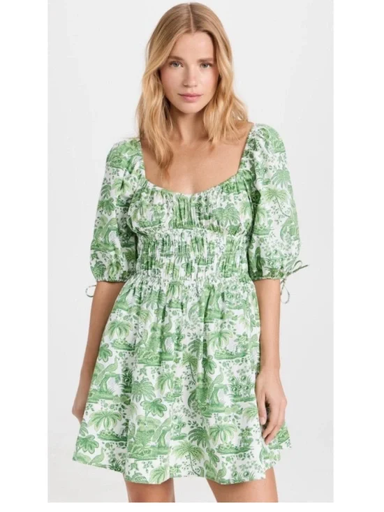 Staud Faye Puff Sleeve Mini Dress Green Tropical Toile Chinoiserie Print Small - Picture 3 of 14
